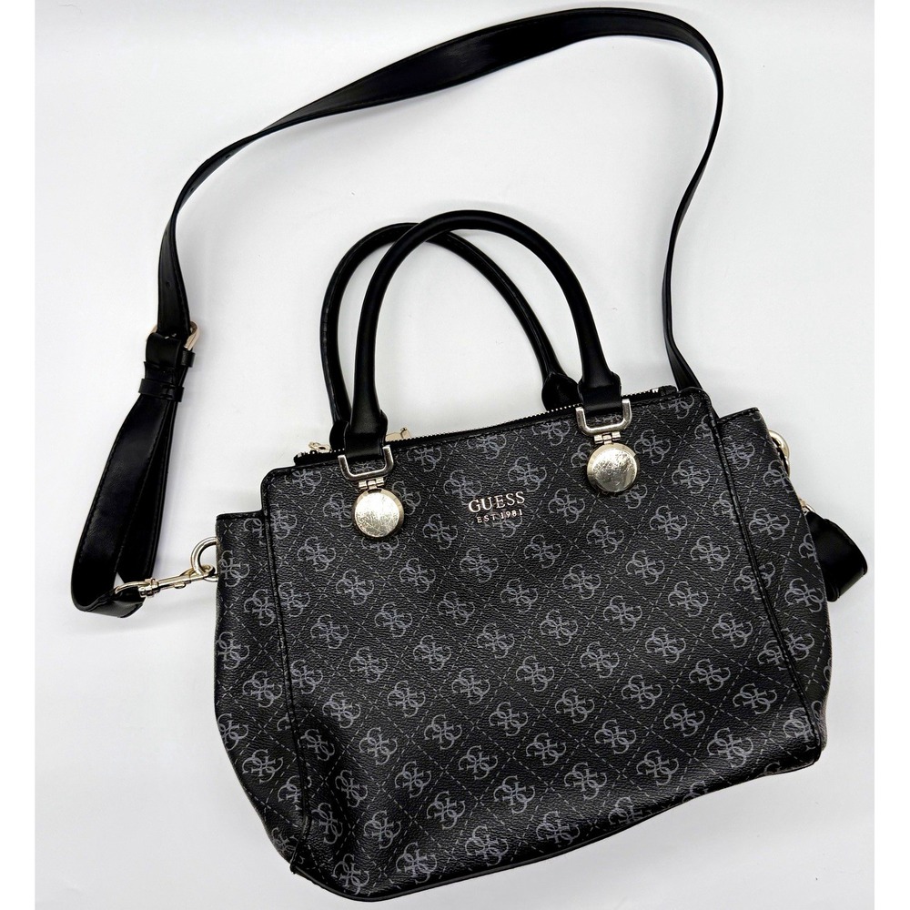 GUESS Black Gray Monogram Satchel Handbag Purse Silver Hardware Top Handle
